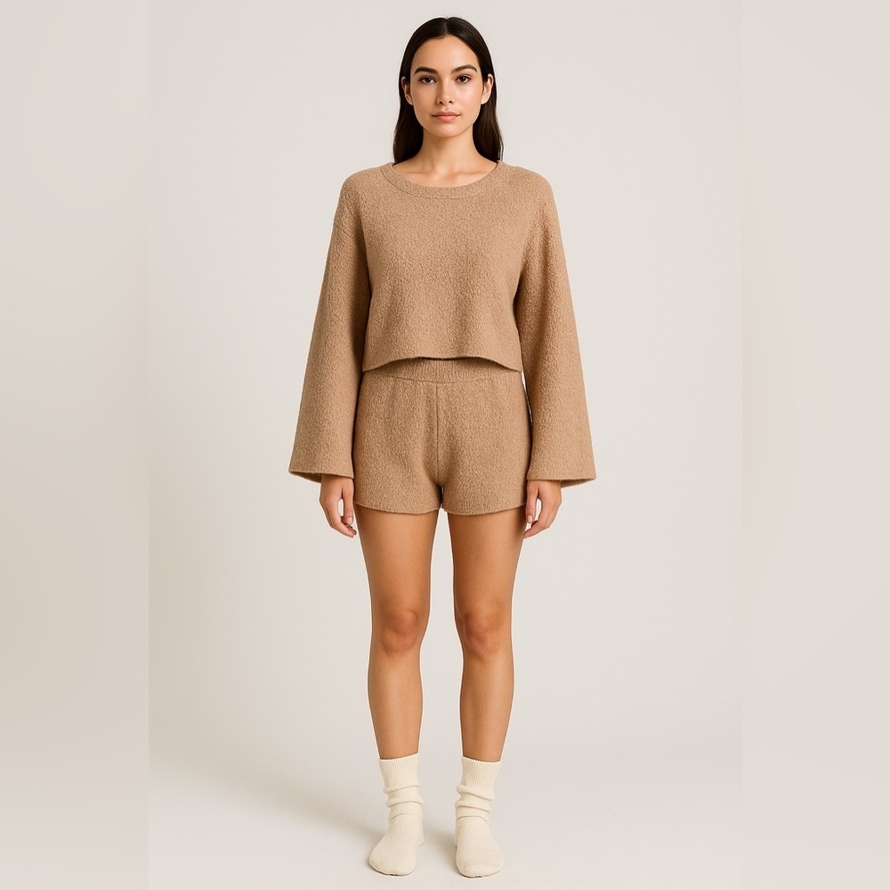 4th & Reckless Kairo Bouclé Sweater Lounge Set Tan Small | Cozy Bell Sleeve